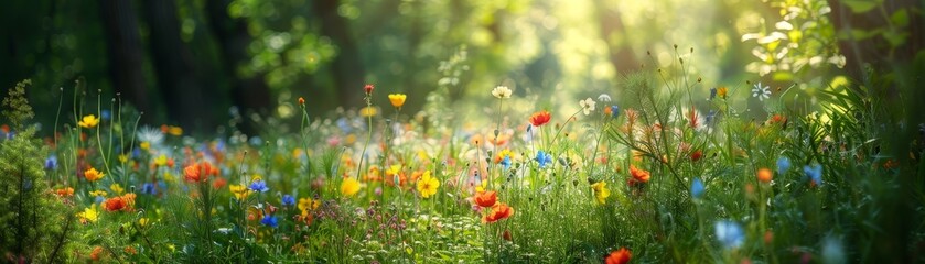 Wildflowers in a forest clearing, vibrant and colorful, serene and peaceful, natural beauty, lush greenery, bright and lively, untouched nature, copy space.