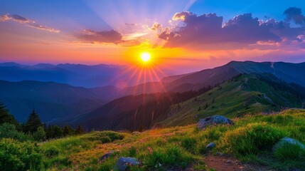 Sunset over a mountain range, majestic and breathtaking, serene and tranquil, natural beauty, vibrant colors, panoramic view, untouched wilderness, copy space.