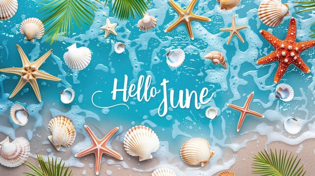 Beach-themed "Hello June" poster featuring starfish, seashells, and palm leaves on a vibrant blue background.