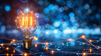 An illuminated or glowing lightbulb on a dark background with data and information analysis. The bulb represents new ideas, innovation, creativity, understanding, knowledge, and inspiration. Glowing. 
