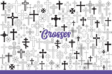 Religious crosses and crucifix symbolizing christianity and catholicism or orthodoxy. Various christianity symbols from temples and cathedrals for believing parishioners. Hand drawn doodle
