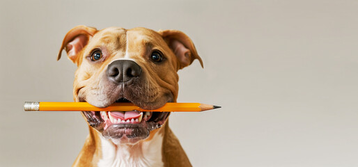 Portrait of a dog with a pencil in its teeth, copyspace
