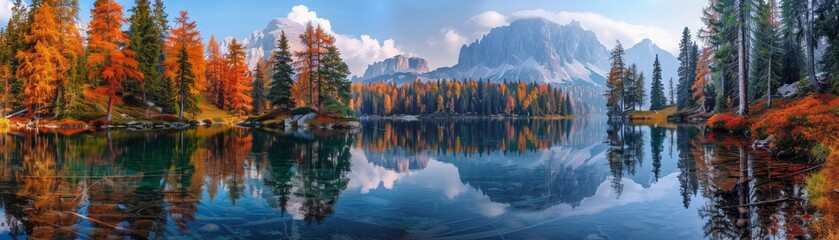 Mountain lake surrounded by trees, tranquil and reflective, serene and peaceful, natural beauty, vibrant colors, clear water, untouched wilderness, copy space.