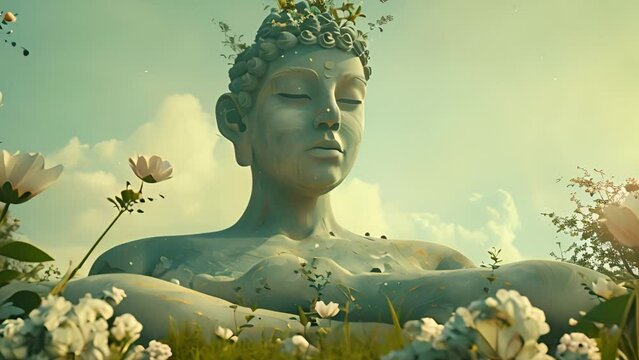 A buddha statue seated amidst a vibrant field of blooming flowers, surrounded by nature.