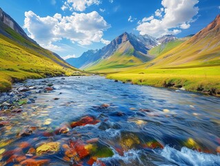 Obraz premium Mountain valley with a flowing river, serene and majestic, natural beauty, vibrant colors, clear water, untouched wilderness, panoramic view, copy space.