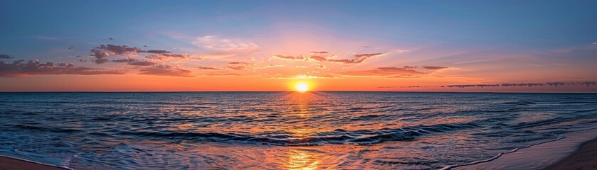 Sunset over the ocean, serene and breathtaking, vibrant colors, tranquil and peaceful, natural beauty, beach landscape, clear horizon, copy space.