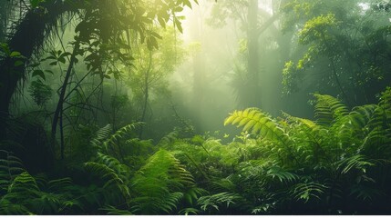 Obraz premium Foggy morning in a dense forest, mysterious and serene, natural beauty, lush greenery, vibrant and alive, peaceful wilderness, dappled sunlight, copy space.