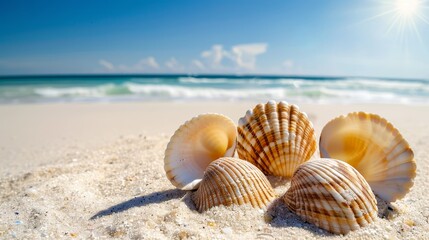 Seashells on a sandy beach, serene and picturesque, natural beauty, vibrant and colorful, tranquil setting, ocean background, bright and sunny, copy space.
