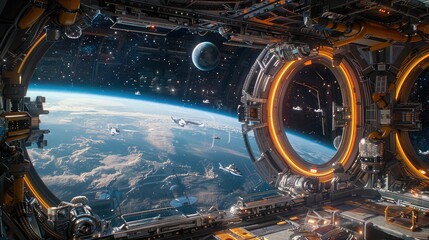 A photo of a space station with large viewing windows, a starry expanse with distant planets and starships in the background