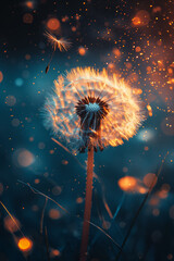 A dandelion dispersing seeds into a luminescent, nebula-infused night sky 