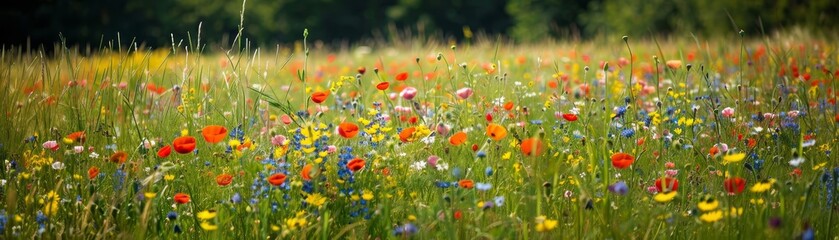 Field of wildflowers, vibrant and picturesque, natural beauty, serene and peaceful, colorful blooms, sunny day, lush and alive, bright setting, copy space.