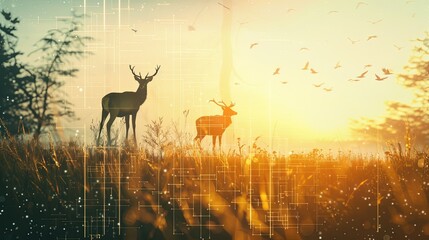 Wildlife Behavior Study: Double Exposure Silhouette with Data Charts in Natural Hues for Animal Observation Research with Copy Space