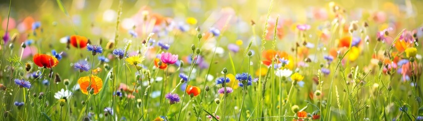 Field of wildflowers, vibrant and picturesque, natural beauty, serene and peaceful, colorful blooms, sunny day, lush and alive, bright setting, copy space.