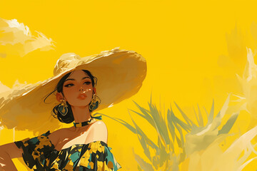 Australienne, jeune femme élégante portant un grand chapeau de paille et une robe à motifs floraux, posant sous un ciel ensoleillé avec un fond jaune vif Espace négatif copyspace.