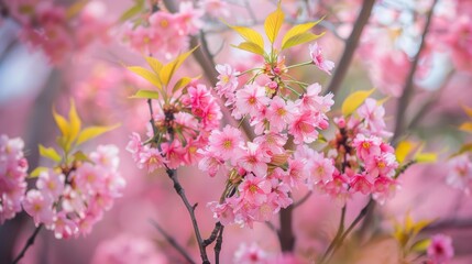 Cherry blossoms in full bloom, vibrant and delicate, natural beauty, serene and picturesque, springtime scene, lush and alive, bright and colorful, copy space.