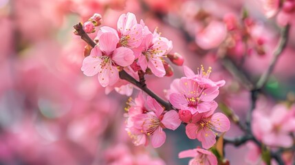 Obraz premium Cherry blossoms in full bloom, vibrant and delicate, natural beauty, serene and picturesque, springtime scene, lush and alive, bright and colorful, copy space.