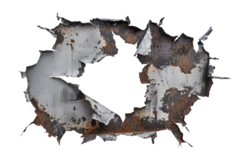 A bullet hole in a metal sign, with the torn edges and fragments conveying the force.