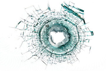 A close-up of a bullet hole in a windshield, with glass shards frozen in time.