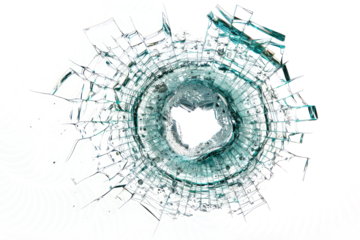 A close-up of a bullet hole in a windshield, with glass shards frozen in time.