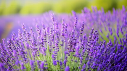 Obraz premium Lavender field in bloom, vibrant and fragrant, natural beauty, serene and peaceful, colorful flowers, sunny day, lush and alive, bright setting, copy space.