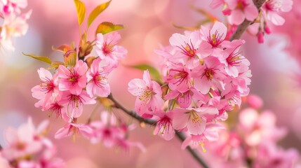 Cherry blossoms in full bloom, vibrant and delicate, natural beauty, serene and picturesque, springtime scene, lush and alive, bright and colorful, copy space.