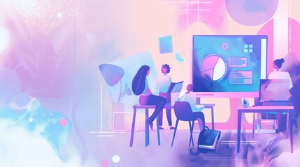 Diverse team collaborating in modern office setting during an afternoon meeting illustration.