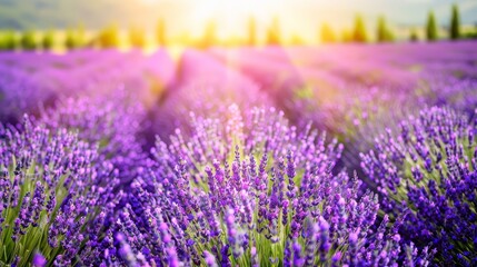 Fototapeta premium Lavender field in bloom, vibrant and fragrant, natural beauty, serene and peaceful, colorful flowers, sunny day, lush and alive, bright setting, copy space.