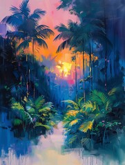 Exotic oasis, bright tones, digital painting