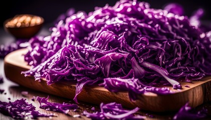 Shredded Purple Cabbage on a Board, low angle view.
 - Powered by Adobe