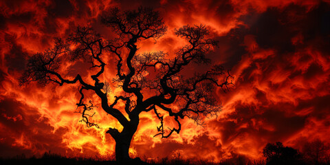 A twisted tree against a fiery sky, symbolizing chaotic night terrors 