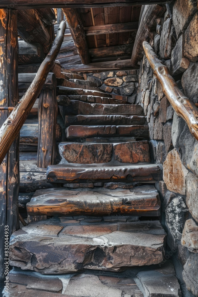 Poster Rustic old  stairs. Generative AI. Old but beautiful.