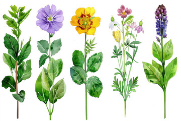 botanical watercolor illustrations of various flowers and herbs on white background for educational materials and prints.