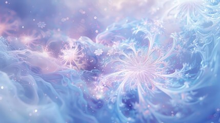 Pastel blues and pinks with misty textures and luminescent snowflakes in an ethereal wallpaper backdrop