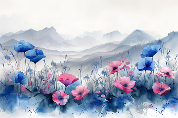 serene watercolor landscape with blue and pink flowers against mountain background for wall art and home decor.