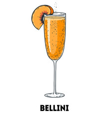 Bellini cocktail illustration. Hand drawn sketch. Vector illustration. Isolated object.