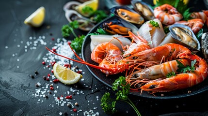 Exquisite seafood platter, fresh and vibrant, gourmet presentation, high-end restaurant, delicious and colorful, culinary excellence, bright and inviting, copy space.