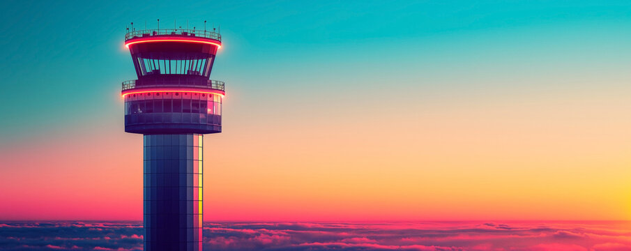 Airport control tower overlooking cargo operations, isolated on a gradient background 