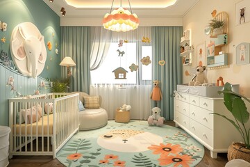 Nursery with pastel-colored walls plush animal-themed rugs and a charming mobile hanging above the crib.