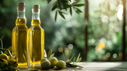 Bottled organic olive oil arranged artistically, fresh harvest in the background with empty space for text 