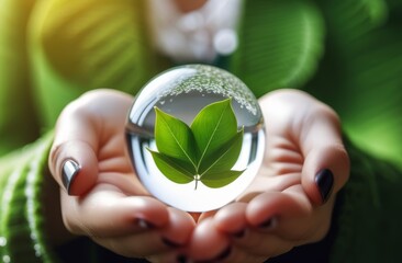 A leaf in a glass sphere in female hands