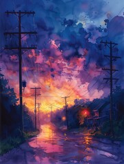 Fototapeta premium Power lines, blues, purples, watercolor, delicate and dreamy artwork