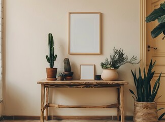 Vintage interior of a living room with a designed wooden table, a cactus in a pot and a simple poster frame on a beige wall background