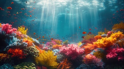 A photo of a vibrant coral reef with colorful marine life, an underwater scene with sunbeams...