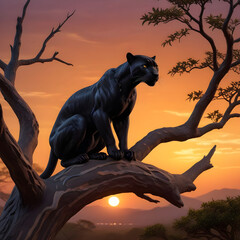 black panther sitting on the tree at sunset