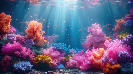 A photo of a vibrant coral reef with colorful marine life, an underwater scene with sunbeams...