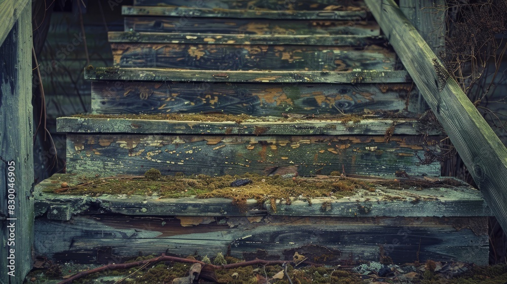 Poster Rustic old  stairs. Generative AI. Old but beautiful.