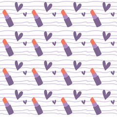 cute lipstick clip art with purple love heart pattern seamless design background