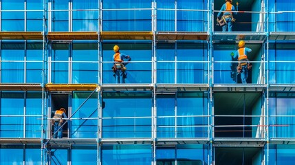 Workers installing windows, construction site, building framework, vibrant activity, modern architecture, bright and organized, urban development, copy space.
