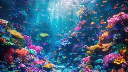 A photo of a vibrant coral reef with colorful marine life, an underwater scene with sunbeams penetrating the water and schools of fish