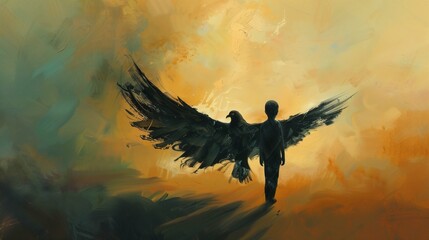 Fototapeta premium Within the depths of a surreal landscape, a boy's imagination takes flight as he embraces the embodiment of freedom and hope. 